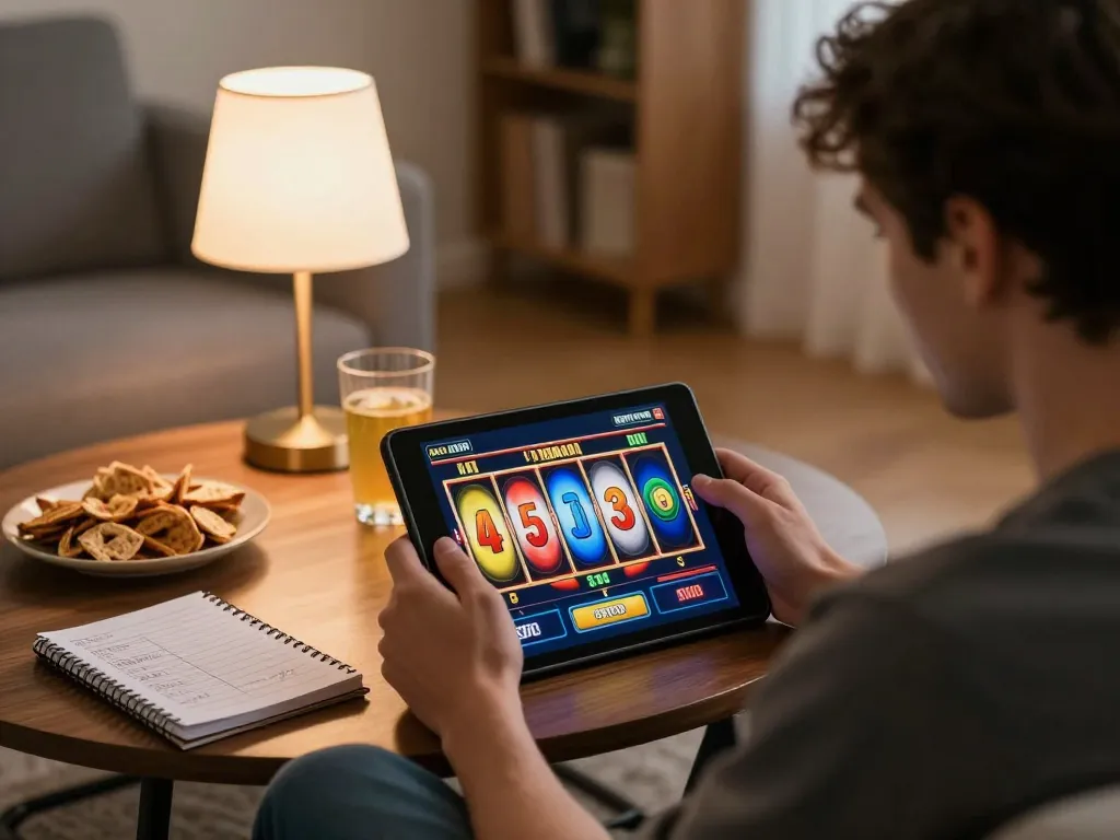 Pemain yang terlibat di rumah menggunakan antarmuka slot online aman788 di tablet sambil menikmati camilan.