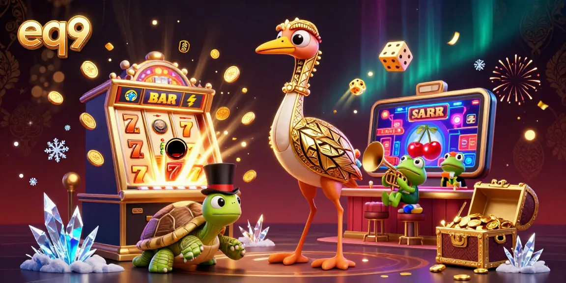 Spin and win at eq9 with a vibrant, lively digital casino illustration featuring fun characters and game elements.