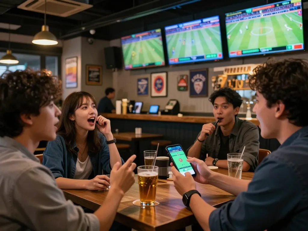 Soi kèo bóng đá action with sports betting enthusiast engaged at a lively bar watching live matches