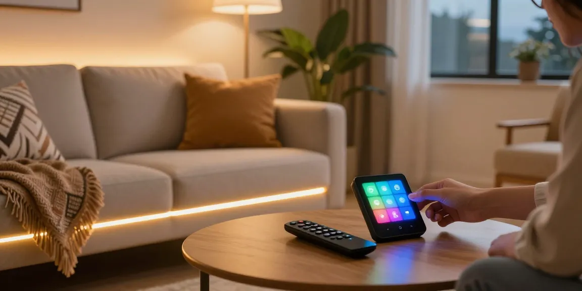 Benzi LED încolăcite pe peretele din living, iluminând atmosfera confortabilă.