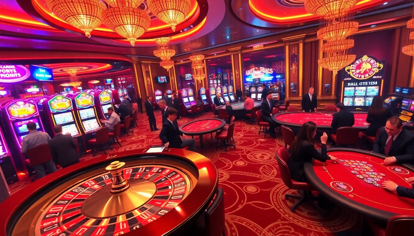 Exciting gambling action at Hitclub's luxurious casino with vibrant slot machines and poker tables.