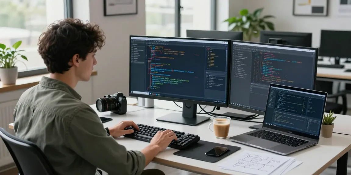 Focused software engineer at innovative tech workspace coding on teiegramin.com application.