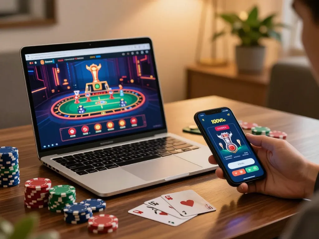 Engaged player using the 100vip co app on their mobile device while enjoying a cozy gaming environment.