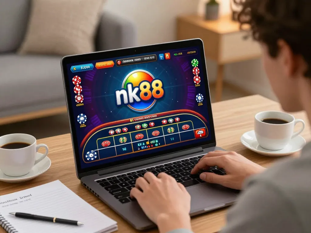 Engaged player strategizing on nk88 online casino while placing bets during a cozy home session.