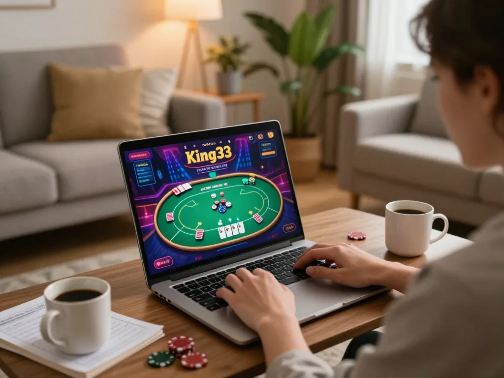 Player enjoying king33 online casino gaming on a laptop in a cozy home environment.