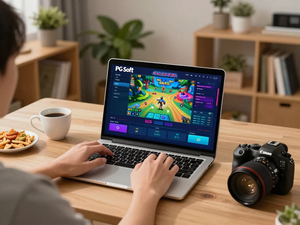 Berinteraksi dengan PG Soft Demo Gratis sambil menikmati sesi permainan online di rumah, menunjukkan gameplay laptop dan lingkungan yang nyaman.