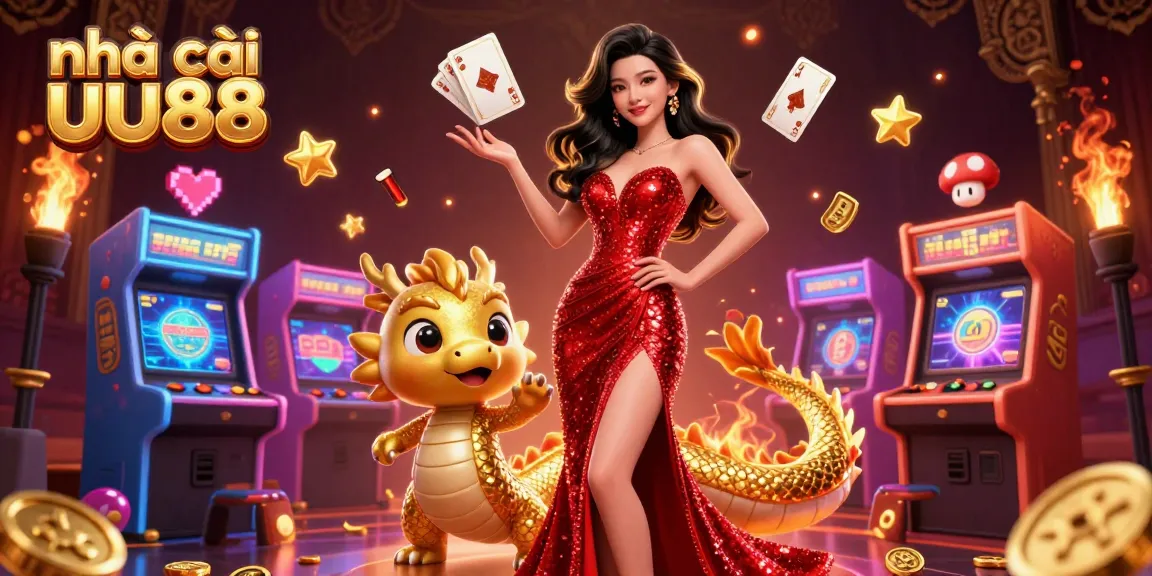 Experience the thrill at nhà cái uu88 with vibrant casino games and a captivating golden dragon mascot.