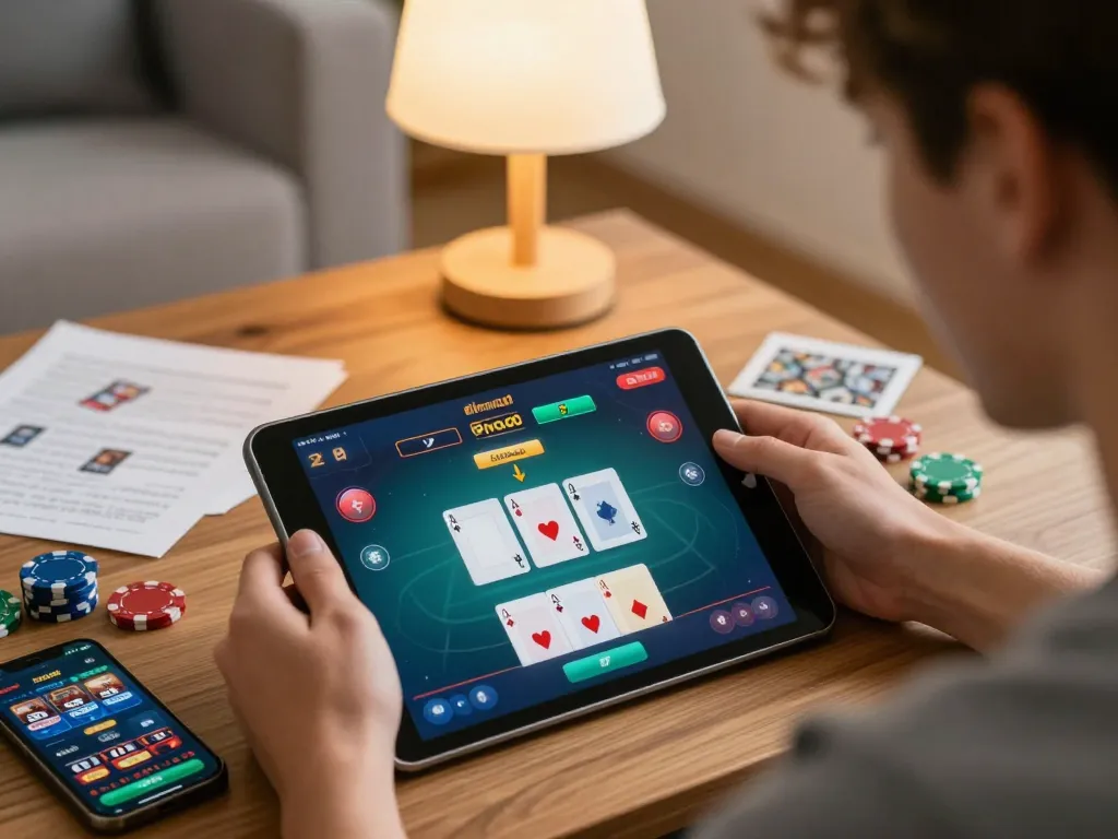 Player strategizing their poker game on dinamit4d using a tablet, emphasizing immersive online gambling experience.