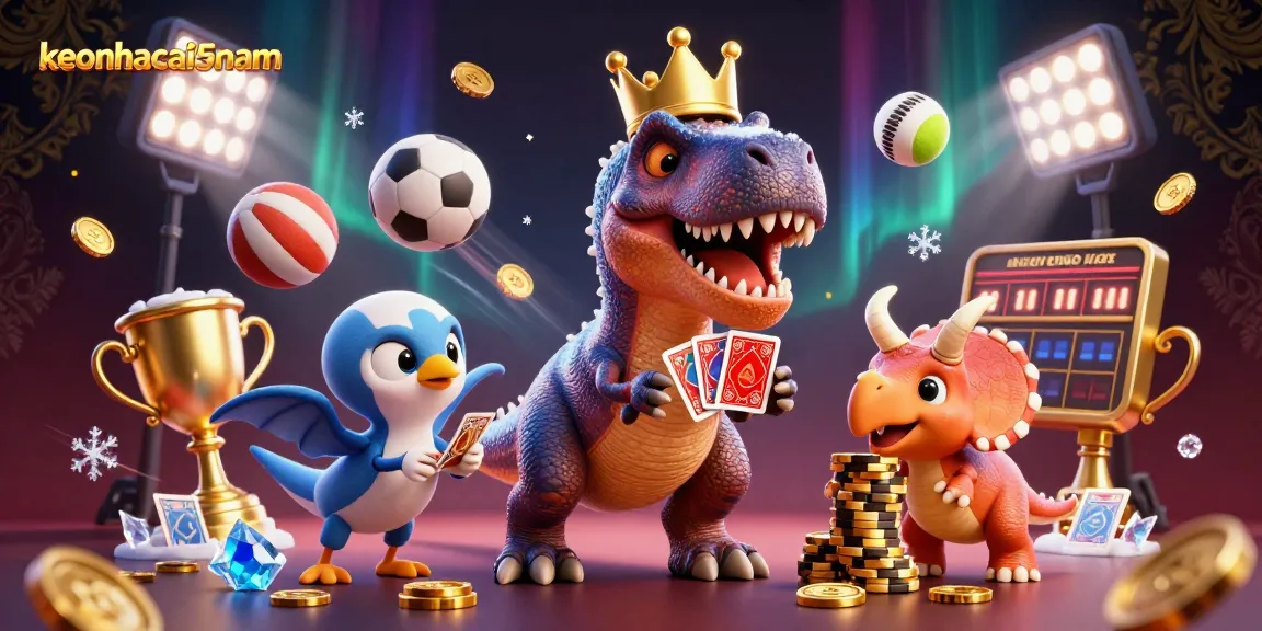 Engage with keonhacai5nam as a friendly T-Rex and helpers shuffle cards and stack chips in an energetic casino scene.