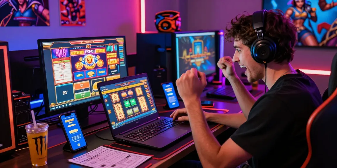 Exciting online gaming environment showcasing a player celebrating wins with deposit pulsa tanpa potongan options on laptop and mobile devices.