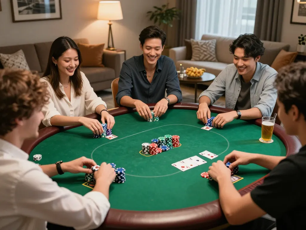 Players enjoying poker in a cozy home setting, highlighting the social aspect of GK88's online casino.