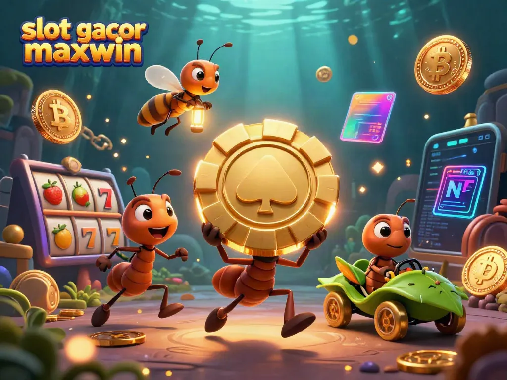 Slot gacor maxwin menampilkan tim semut 3D menjalankan misi pencurian dengan chip poker emas raksasa.