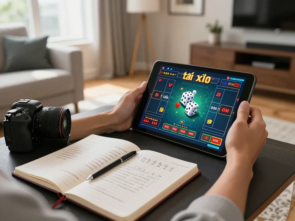 Engaged in tài xỉu online gaming through tablet, showcasing a strategic home setup for responsible gambling.