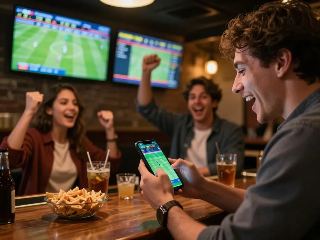 Excited viewer placing keo nha cai bets on smartphone while watching live sports game, capturing the betting excitement.