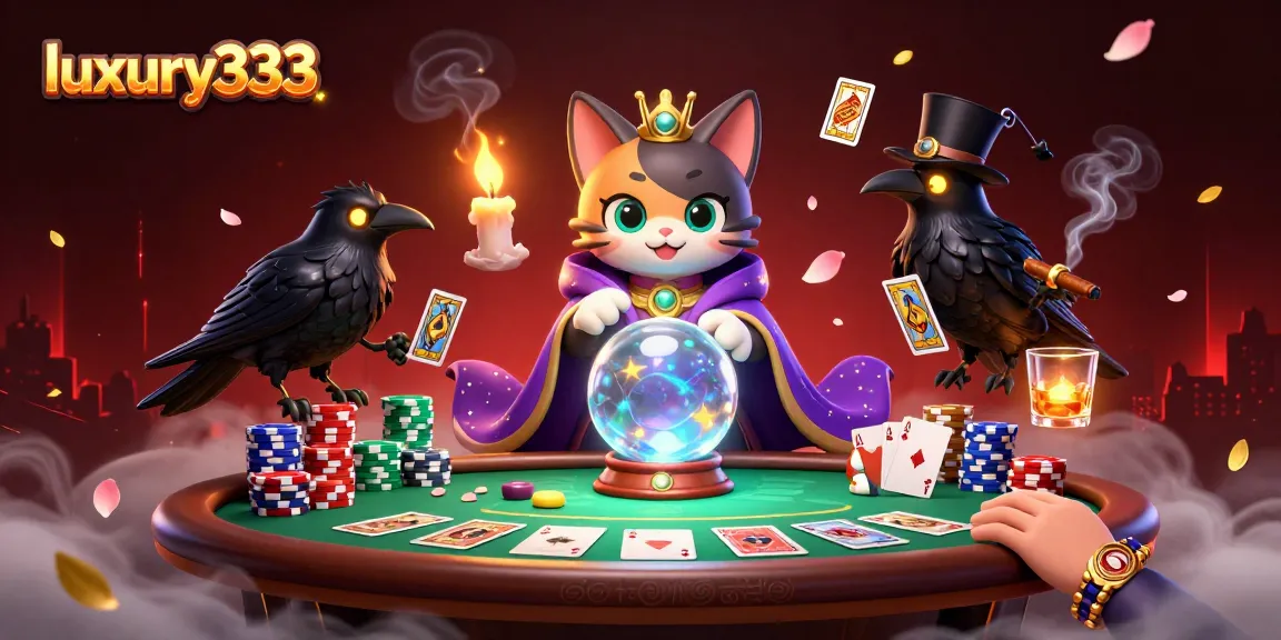 Menggambarkan suasana casino mewah luxury333 dengan karakter kucing mistik dan burung gagak, dikelilingi oleh elemen poker yang mencolok.