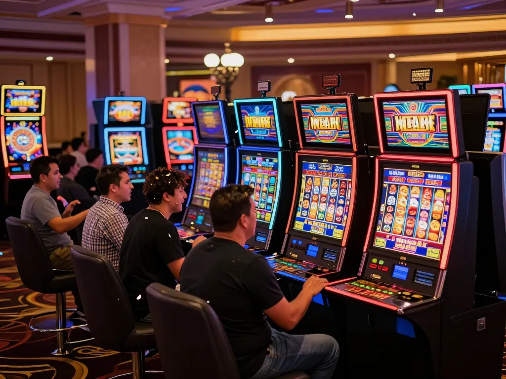 Players celebrating a win at slot machines in a lively casino atmosphere