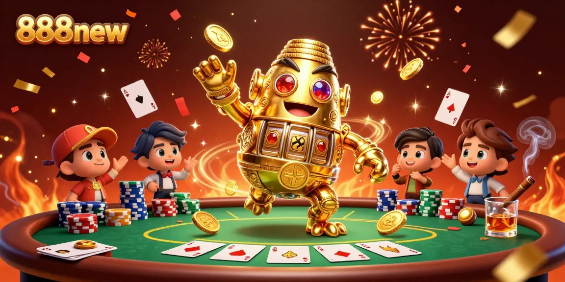 Win big with 888new in this dynamic casino scene featuring a golden golem and poker elements.