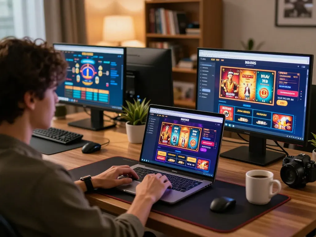 Engaging player enjoying online usa casinos on laptop at a cozy home gaming setup with personal strategy notes.