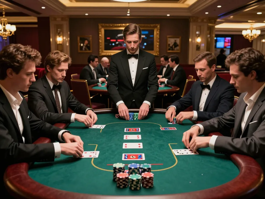 Players engaging in a strategic poker game at a luxurious casino with 789WIN branding.