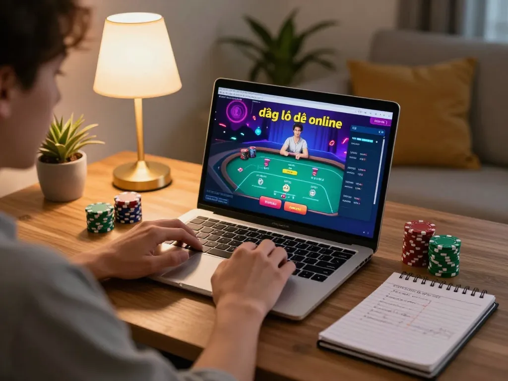 Engaging in đánh lô đề online through a cozy home setup with laptop showing vibrant gaming interface.