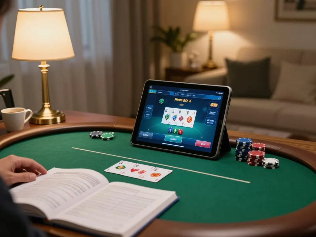 Engaging in a online poker game on a tablet while enjoying a cozy setup with 7m-7m interface.