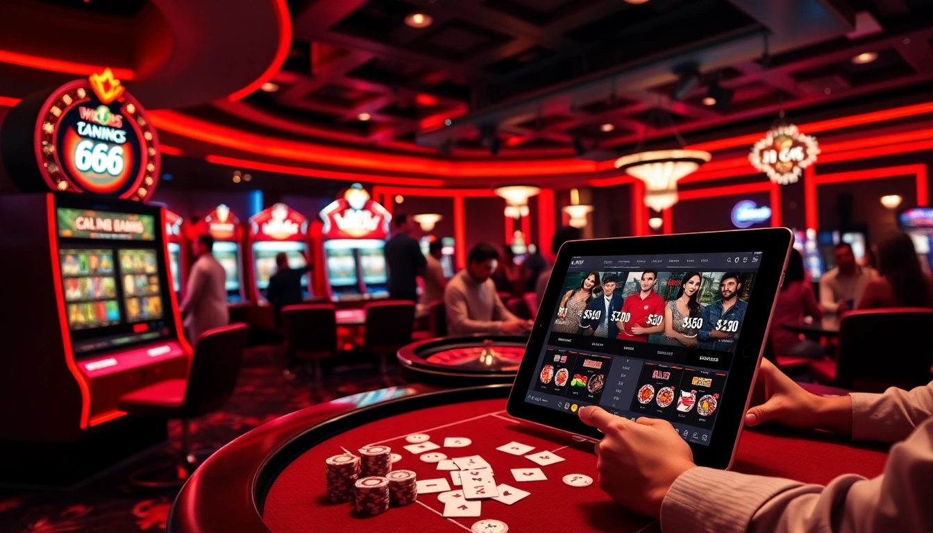 Experience luxury gaming at https://mb66-t.com/ with an exciting casino scene featuring slot machines and roulette.