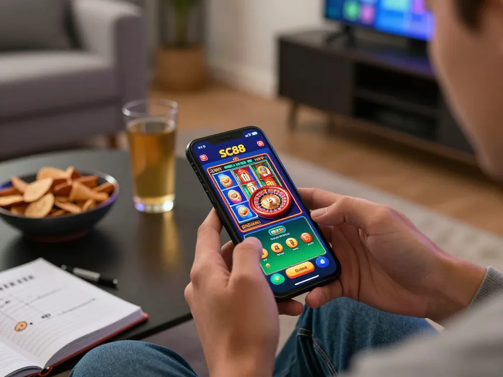 Engaged player enjoying SC88 casino app on smartphone in a cozy living room with betting notes.