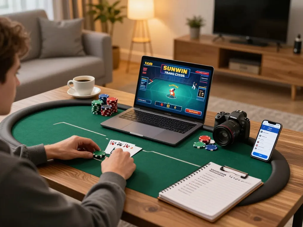 Engaged player exploring SUNWIN TRANG CHỦ while enjoying poker at home.