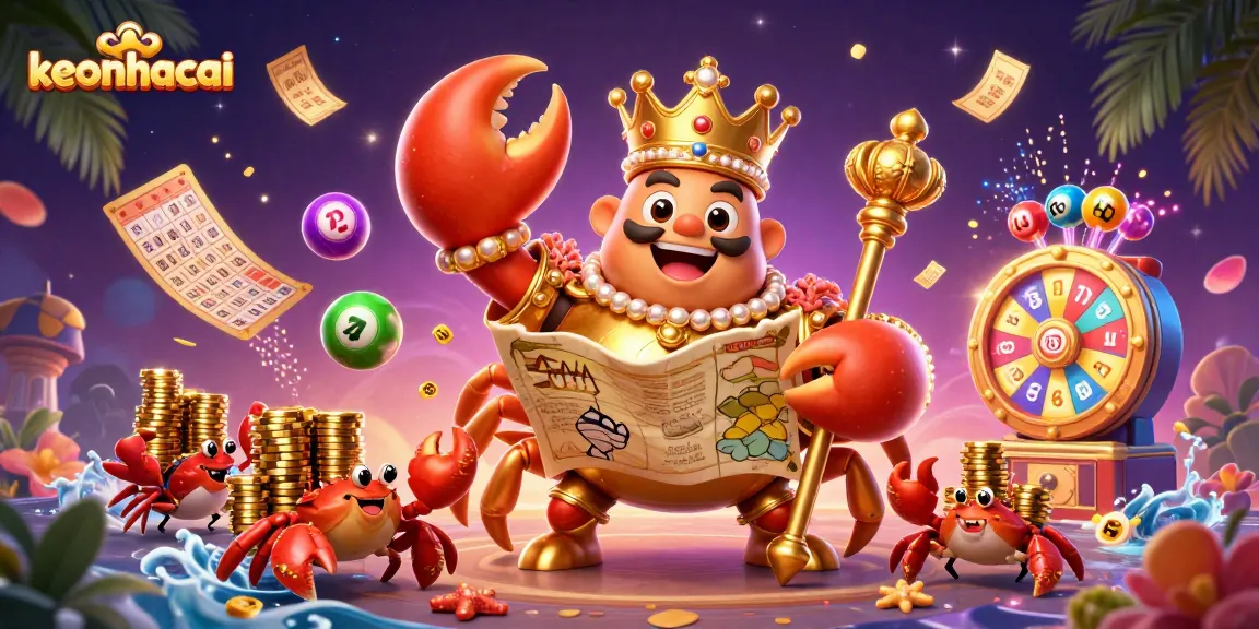 Engage with keonhacai through a vibrant 3D scene of a golden crab emperor amidst a treasure-filled lottery celebration.