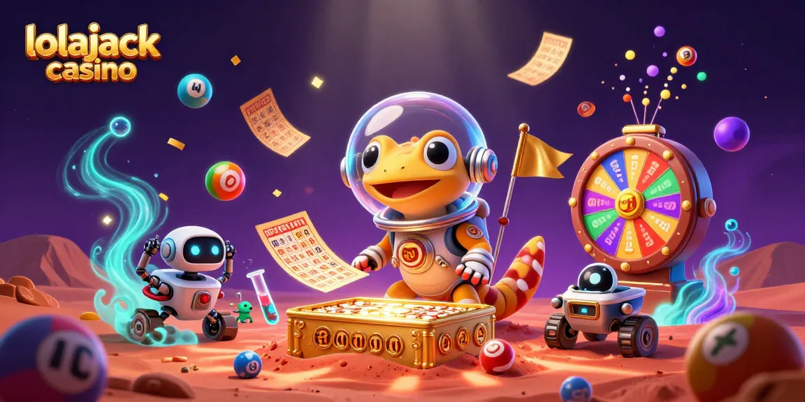Experience the thrill of lolajack casino with an imaginative scene of a Martian gecko and gaming elements.