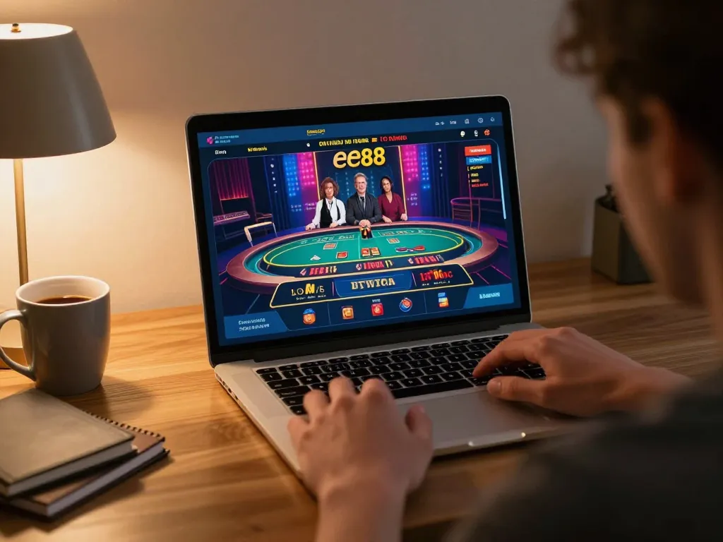 Engaging in online casino gaming on ee88 with a laptop, creating a strategic atmosphere.