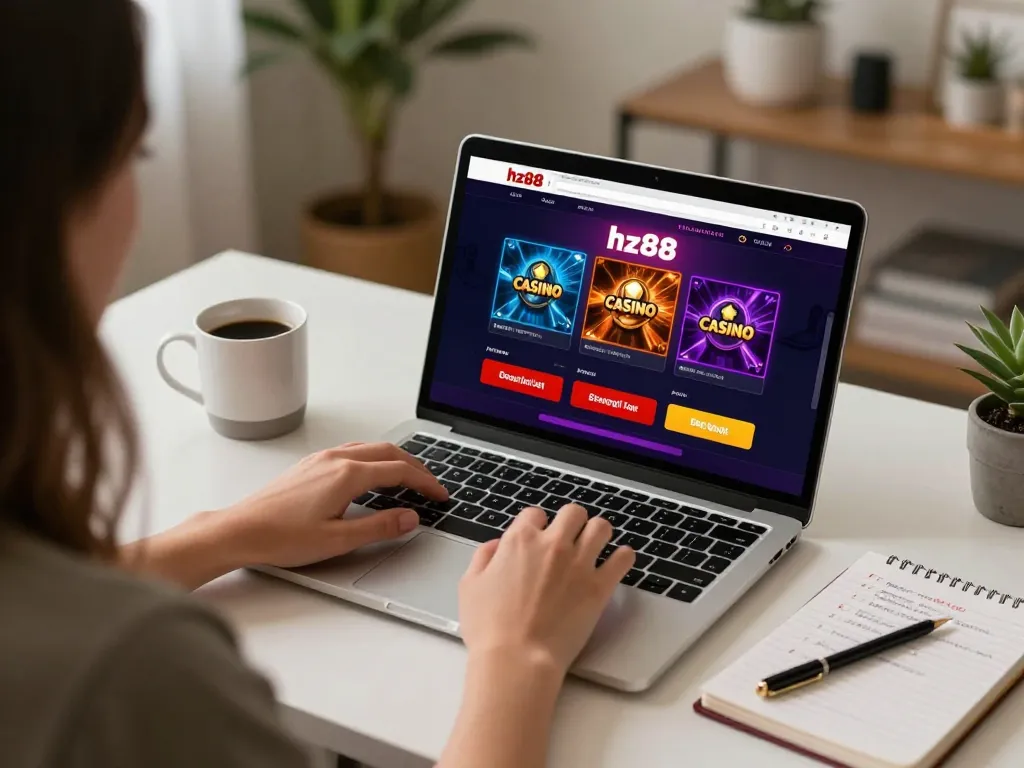 Engage with exciting hz88 online casino games from a stylish home setup, featuring a laptop display and cozy atmosphere.