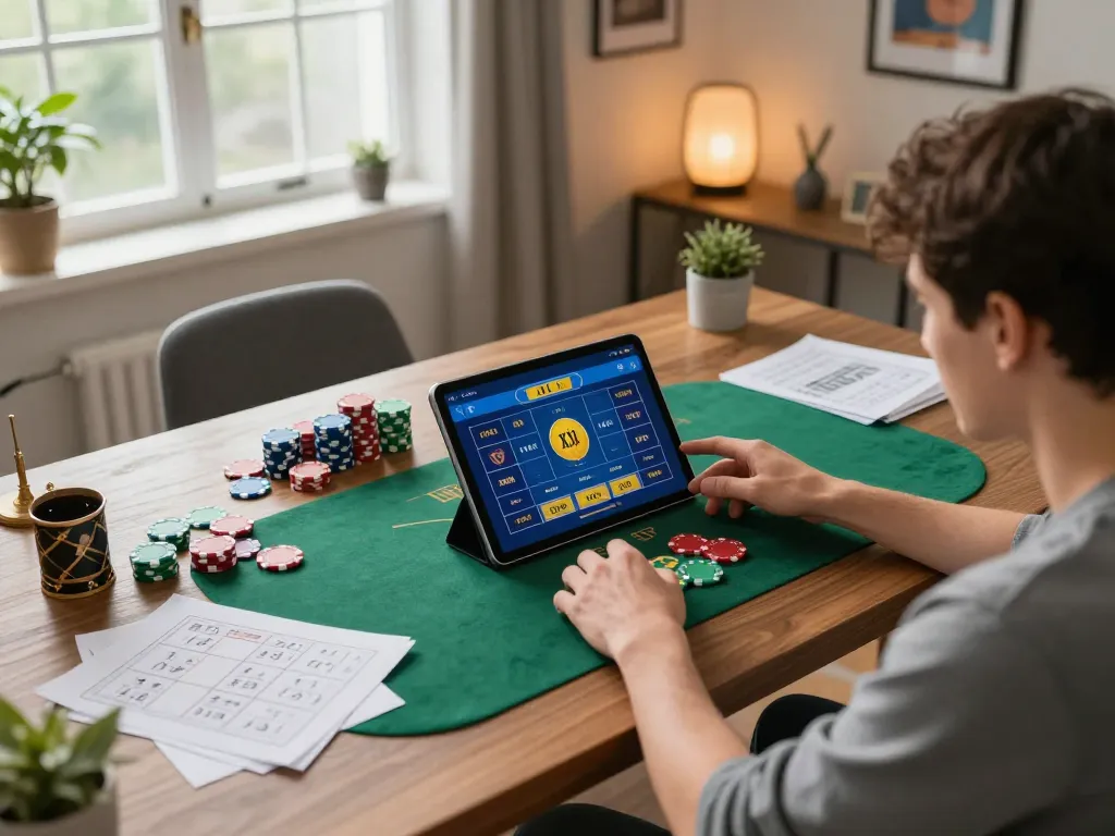 Tài Xỉu gameplay on a tablet at a stylish home desk, showcasing responsible gaming elements.