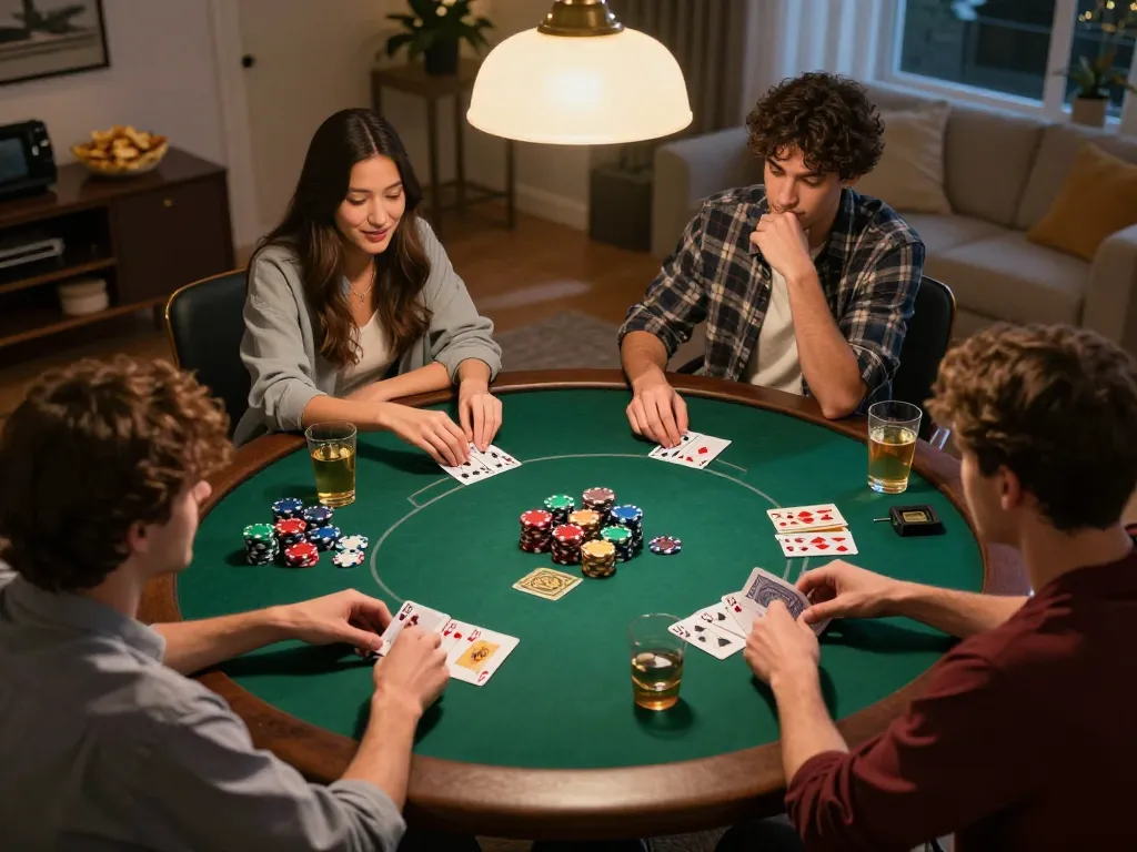 NAGA2000 expert poker night with friends showing winning hands and colorful chips.