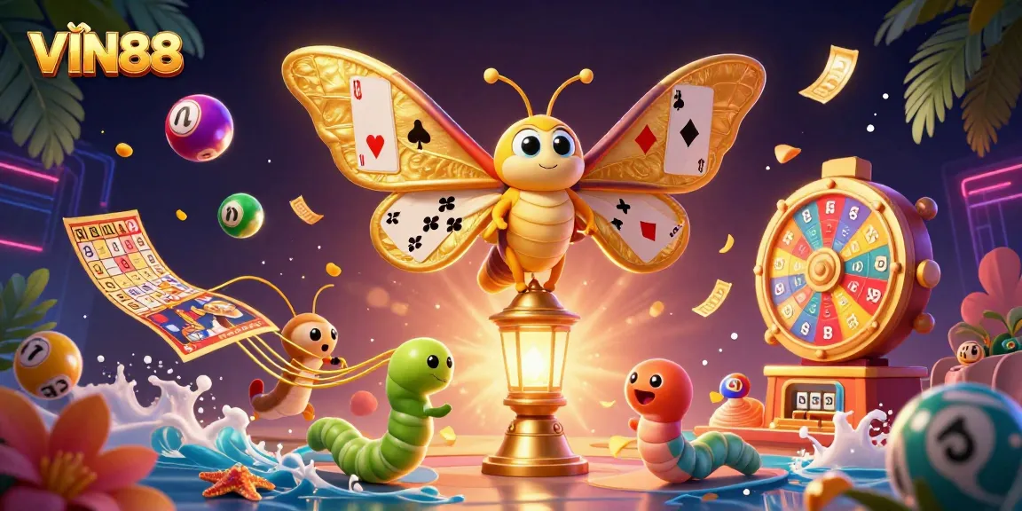 Experience the world of VIN88 with vibrant lottery elements and a magical moth centerpiece.