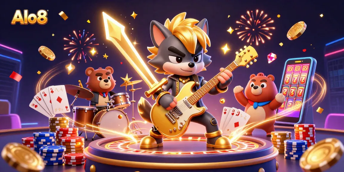 Experience the thrill of Alo8 with a vibrant casino scene, featuring a rock star wolf and dynamic gaming elements.