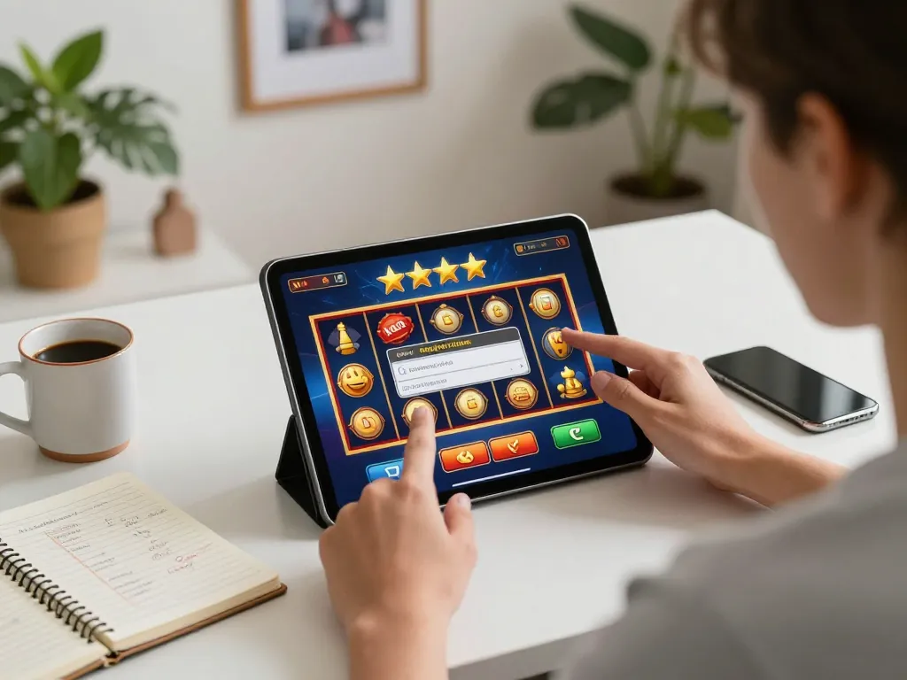 Engage with link slot gameplay on tablet in cozy home environment, showcasing strategic gaming atmosphere.