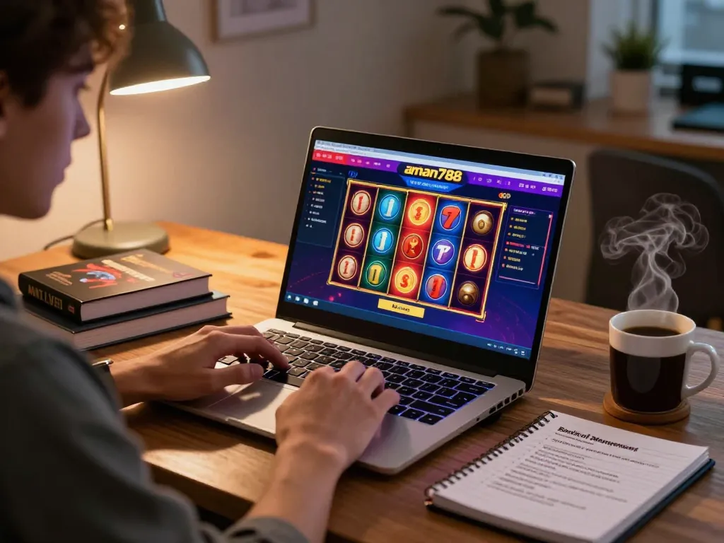 Pemain menikmati antarmuka permainan aman788 di laptop sambil mengelola bankroll mereka.