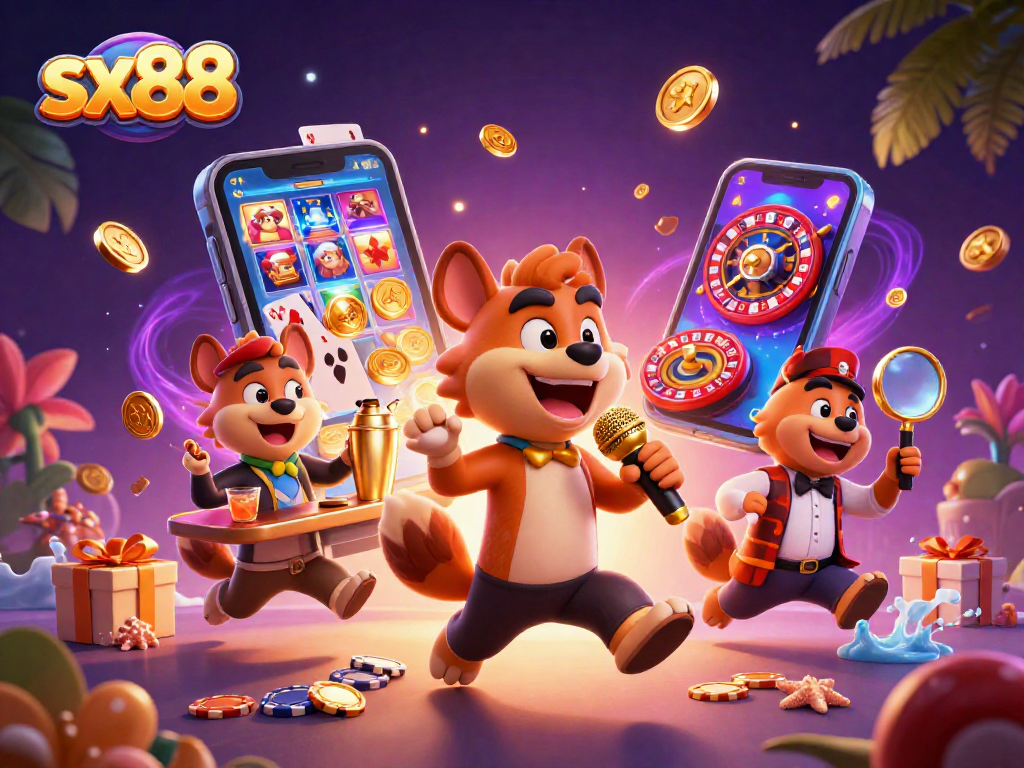 Sx88 offers a lively casino club atmosphere with entertaining hyena characters engaging in various activities.