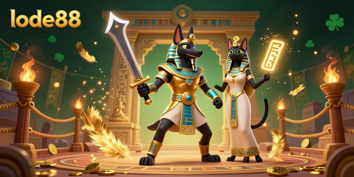 Wager thrillingly with lode88 in an ancient Egyptian casino scene featuring Anubis and Bastet.