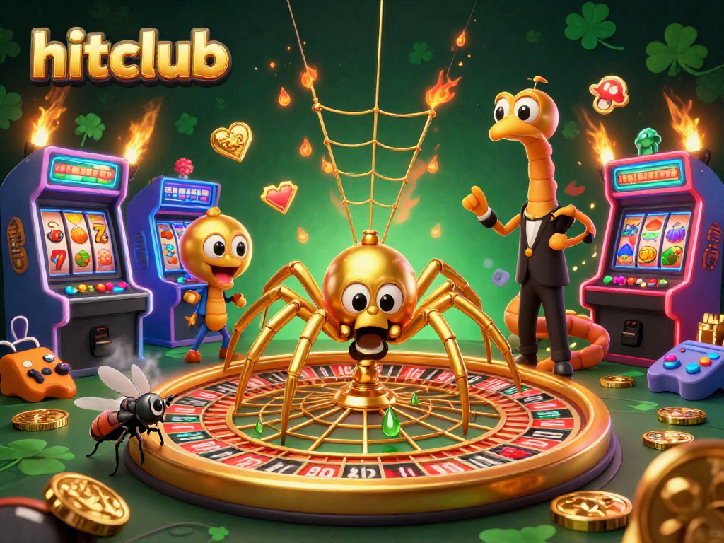 Join the hitclub as the golden spider spins a roulette wheel web, creating a lively game atmosphere.