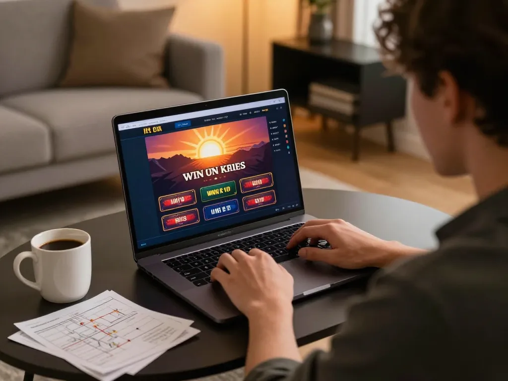 Engage with sun win gaming at home using a laptop in a cozy modern setup