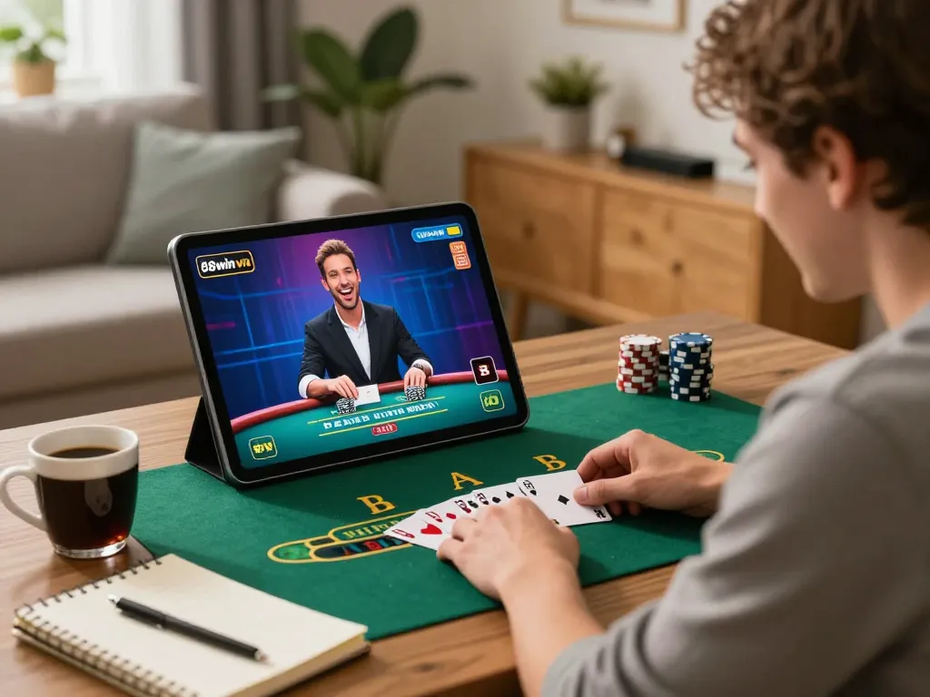 Player engaged with live dealer blackjack on 98win vin tablet, cozy home setting.