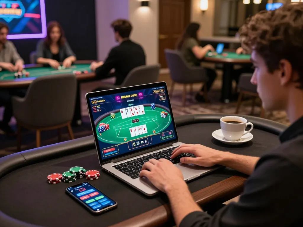Engaging in non-Gamstop online casino gameplay on a laptop with poker interface.