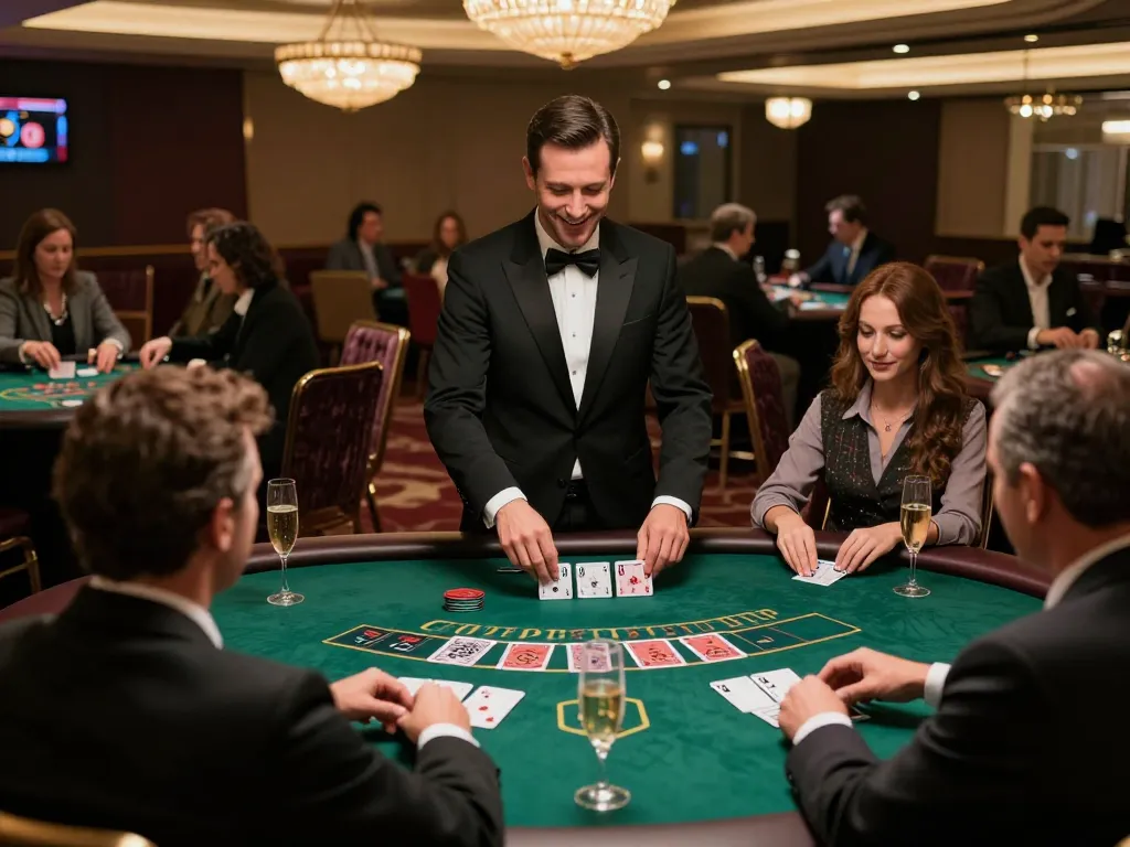 79win players enthusiastically betting at an upscale live blackjack table in a vibrant casino.