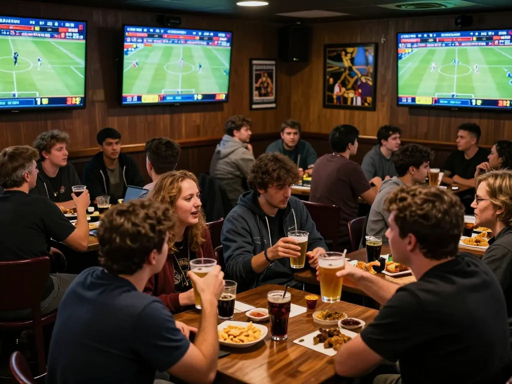Kèo nhà cái action in a vibrant sports bar with customers engaging in betting discussions and enjoying the games.