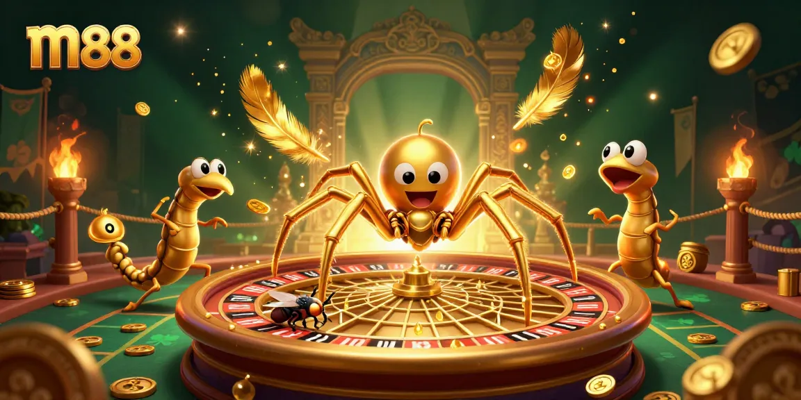 Engage in thrilling m88 gameplay featuring a cartoon spider spinning a roulette wheel web alongside a fly and centipede.