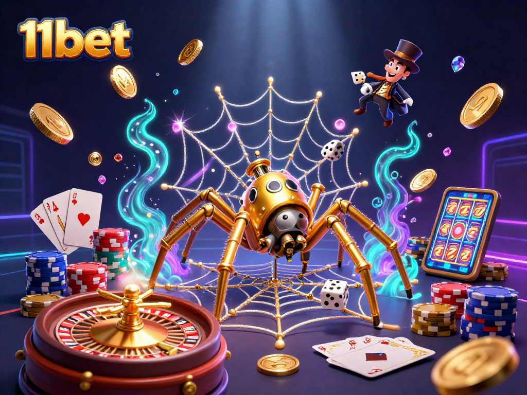 Engage with 11bet's winning experience as a steampunk spider entangles dice amidst vibrant casino elements.