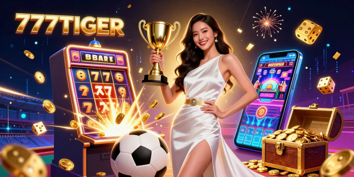 Bet on exciting games at 777TIGER, featuring an Asian woman celebrating with a trophy amidst vibrant casino elements.