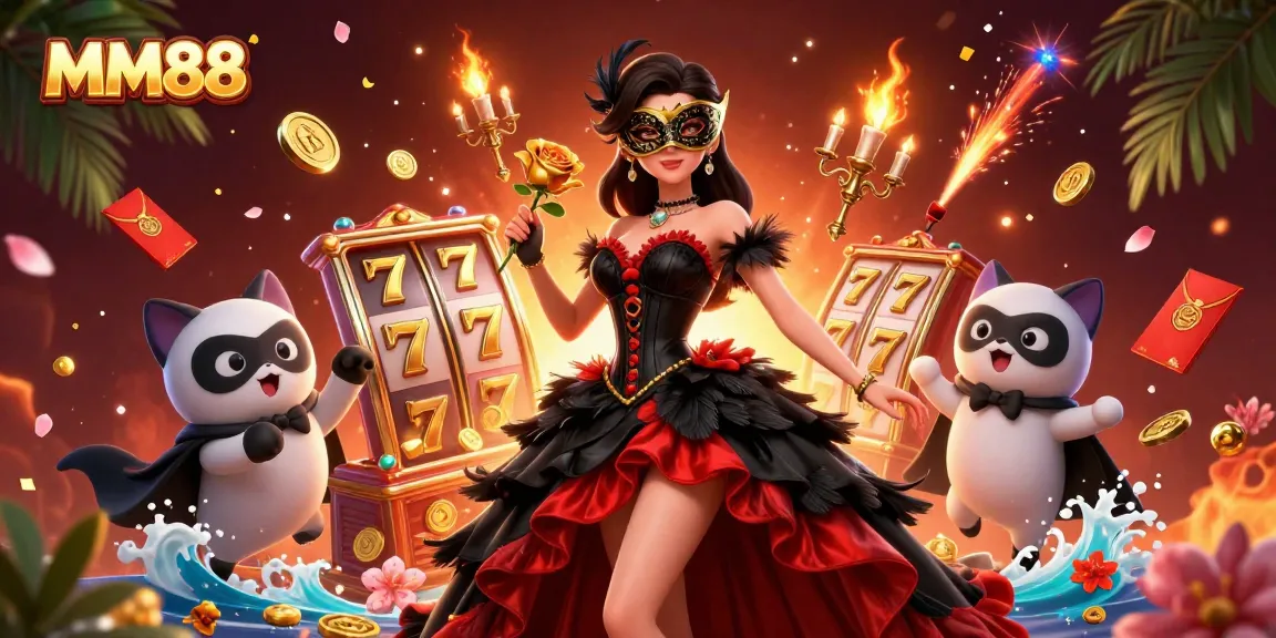 Experience thrilling slot gaming action at MM88 with vibrant characters, 3D elements, and golden adventure.